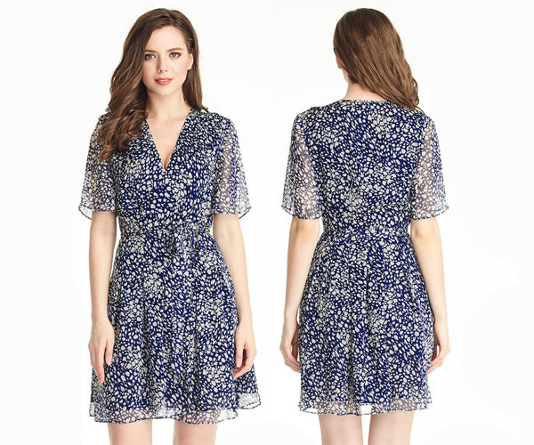 Blue Printed Chiffon Wrap Dress