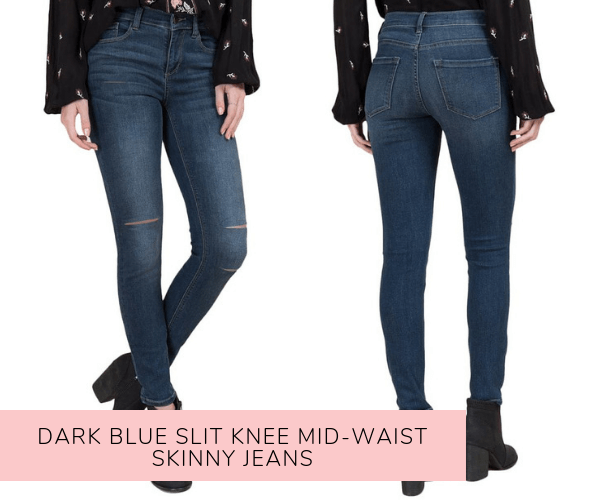 Dark Blue Slit Knee Mid-Waist Skinny Jeans - Lookbook Store