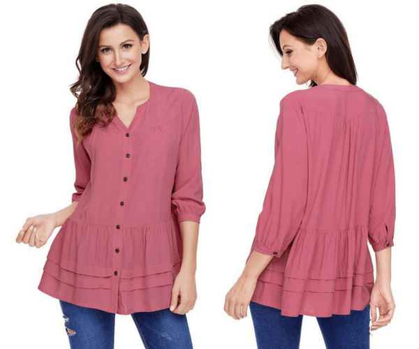 Deep Blush Button-Front Puffed Sleeves Tunic | Lookbook Store