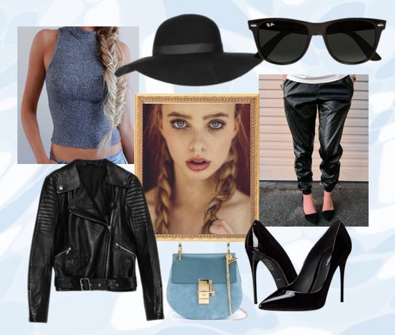 Polyvore set with crop top, leather jacket, and harem pants