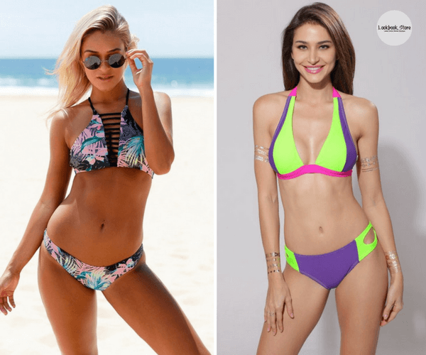 Floral High-Neck Strappy Bikini Set and Neon Halter Bikini | Lookbook Store