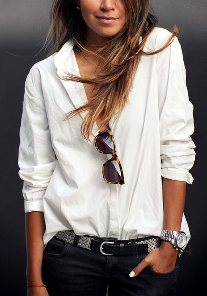 Front view of girl in white cotton high-low shirt