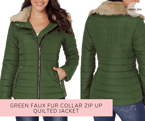 Green Faux Fur Collar Zip Up Quilted Jacket - Lookbook Store