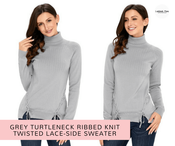 Grey Turtleneck Ribbed Knit Twisted Lace-Side Sweater | Lookbook Store