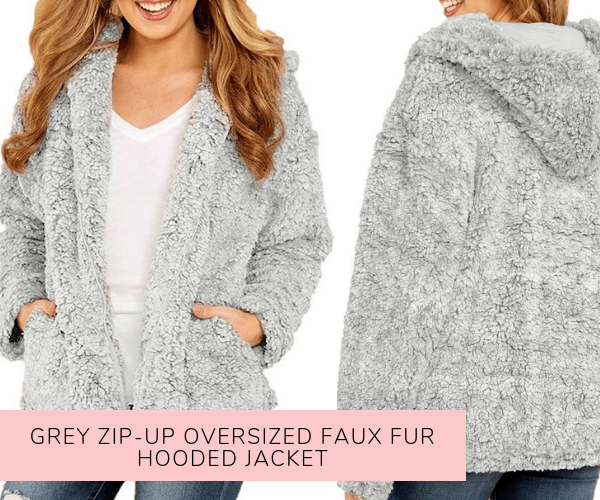 Grey Zip-Up Oversized Faux Fur Hooded Jacket - Lookbook Store