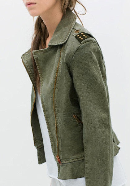 Army green oblique zipper jacket