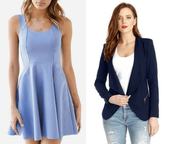 Light Blue Keyhole Racerback Skater Dress and Navy Blue Draped Blazer | Lookbook Store