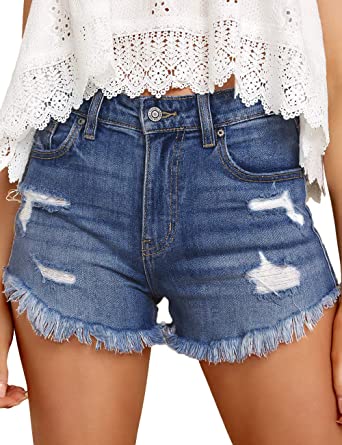 LookbookStore Women's Mid Rise Frayed Ripped Raw Hem Denim Jean Shorts