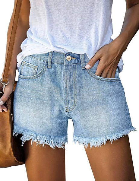 LookbookStore Women's Mid Rise Rolled Hem Distressed Jeans Ripped Denim Shorts