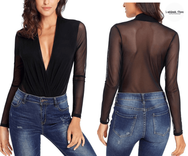 Black Long Sleeves Surplice Neckline Sheer Mesh Bodysuit | Lookbook Store