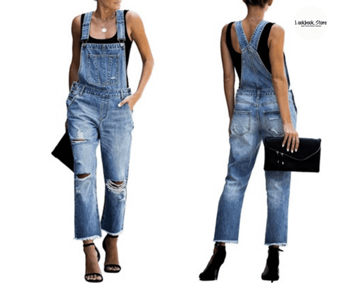 Lookbook Store Blue Cropped Raw Hem Ripped Denim Bib Overall