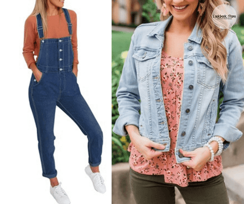 Lookbook Store Dark Blue Button-Down Skinny Denim Bib Overall and Button Down Fitted Denim Jean Jackets