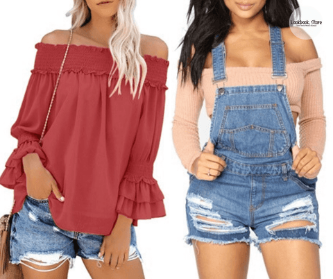 Lookbook Store Dark Coral Pink Off-Shoulder Ruffle Bell Sleeves Blouse and Blue Denim Ripped Shorts Bib Overall
