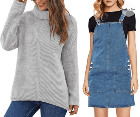 Lookbook Store Grey Turtleneck Velvet Cable Knit Pullover Sweater| Blue Side Pockets Overall Denim Pinafore Dress