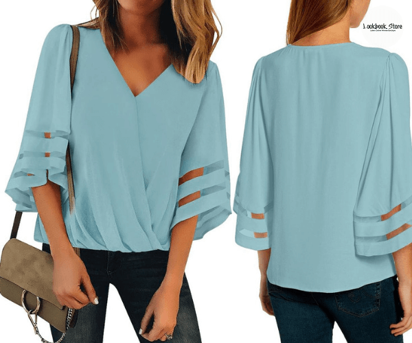 Light Blue V-Neckline Bell Mesh Sleeves Loose Wrap Blouse | Lookbook Store