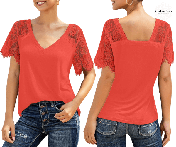 Orange Crochet Lace Short Sleeves V-Neckline Top | Lookbook Store