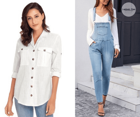 Lookbook Store White Long Cuffed Sleeves Lapel Button-Up Blouse and Light Blue Skinny Denim Bib Overall Jumpsuit