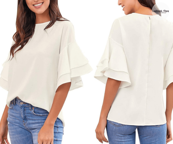 White Trumpet Sleeves Keyhole-Back Blouse | Lookbook Store