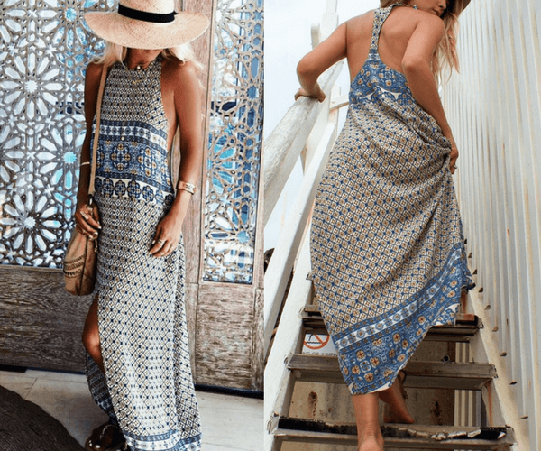 Mosaic Saffron Print Front-Slit Long Dress | Lookbook Store