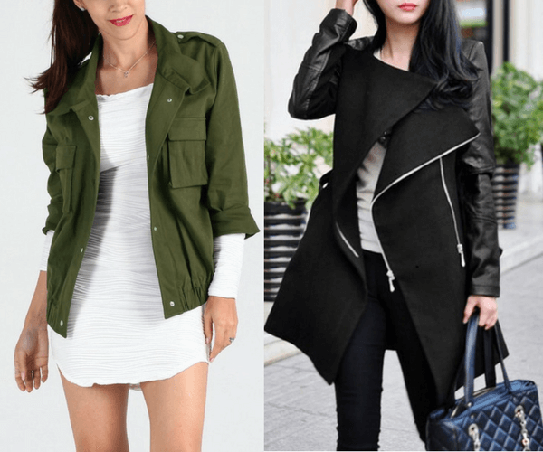 Moss Green Button-Down Military Jacket and Black PU Sleeve Coat | Lookbook Store