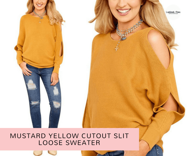 Mustard Yellow Cutout Slit Loose Sweater - Lookbook Store