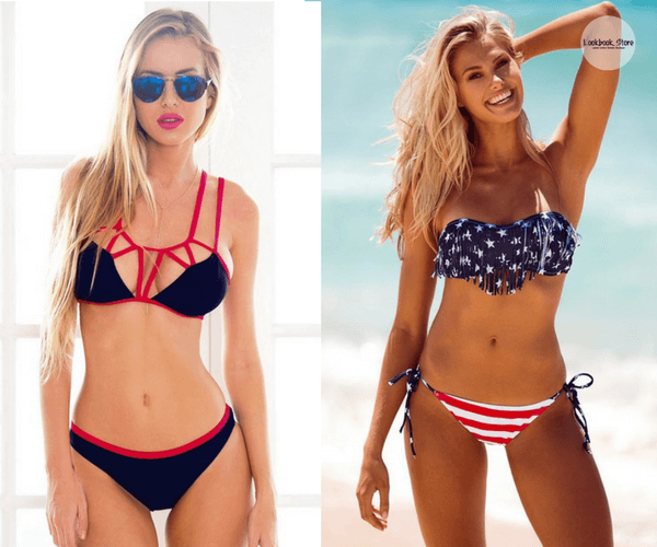 Navy Blue Caged Strappy Bikini Set and Stars & Stripes Tassels Bikini | Lookbook Store