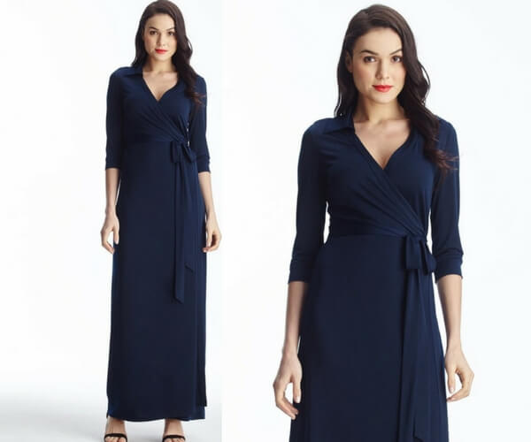 Navy Blue Plunge Wrap Belted Maxi Dress