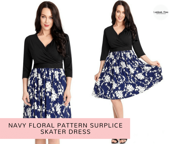 Navy Floral Pattern Surplice Skater Dress - Lookbook Store