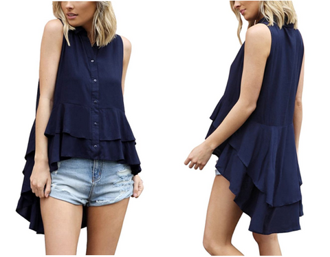 Navy Layered Ruffle-Hem Sleeveless Button-Down Blouse | Lookbook Store