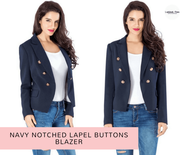 Navy Notched Lapel Buttons Blazer - Lookbook Store