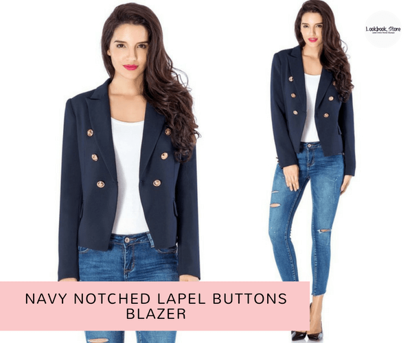 Navy Notched Lapel Buttons Blazer - Lookbook Store