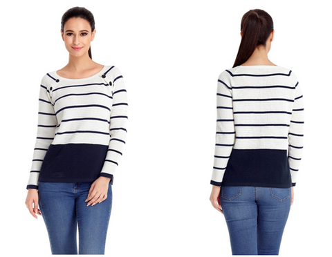 Navy and White Front Buttons Textured Striped Sweater | Lookbook Store