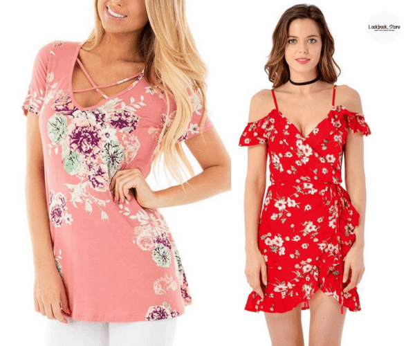 Pink Crisscross Neckline Floral Top and Red Floral Ruffled Cold-Shoulder Wrap Dress | Lookbook Store