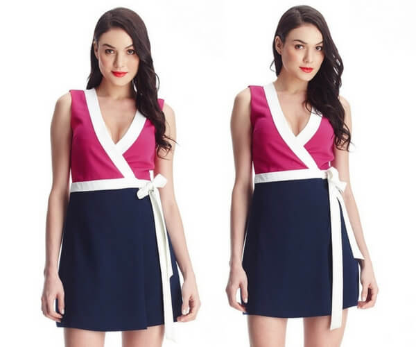 Pink and Navy Sleeveless Wrap-Style Dress