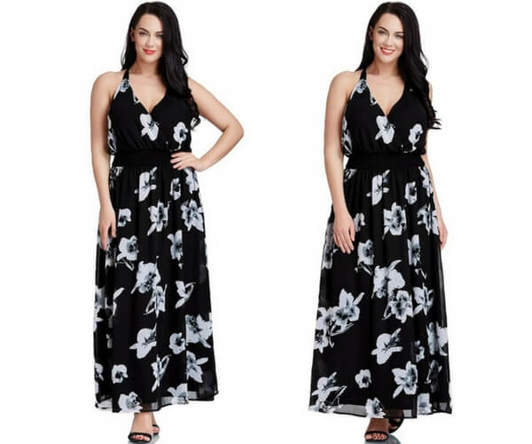 Plus Size Black Floral-Printed Plunge Maxi Dress