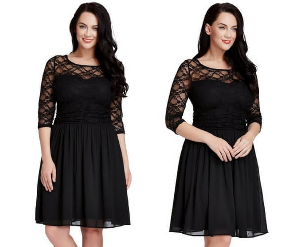 Plus Size Black Lace Crop-Sleeves Skater Dress