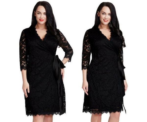 Plus Size Black Lace Crop Sleeves Wrap Dress