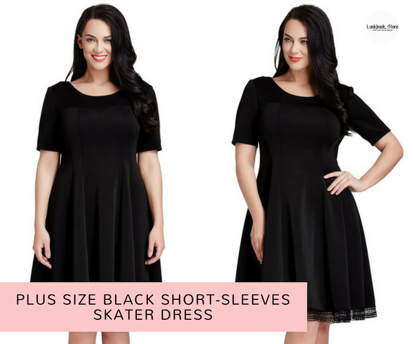 Plus Size Black Short-Sleeves Skater Dress - Lookbook Store