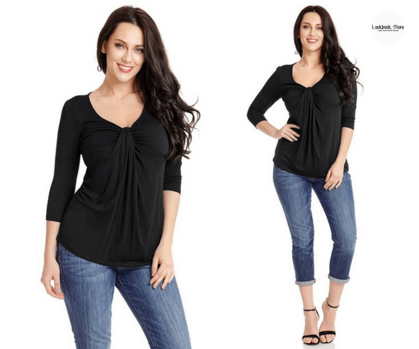 Plus Size Black V Neckline Twist Knot-Front Top