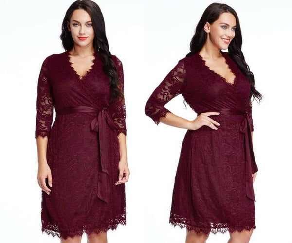 Plus Size Burgundy Lace Crop Sleeves Wrap Dress