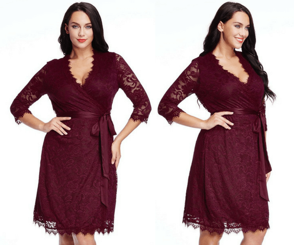 Plus Size Burgundy Lace Crop Sleeves Wrap Dress | Lookbook Store
