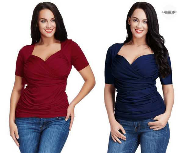 Plus Size Burgundy Ruched Surplice Top and Plus Size Navy Blue Ruched Surplice Top - Lookbook Store