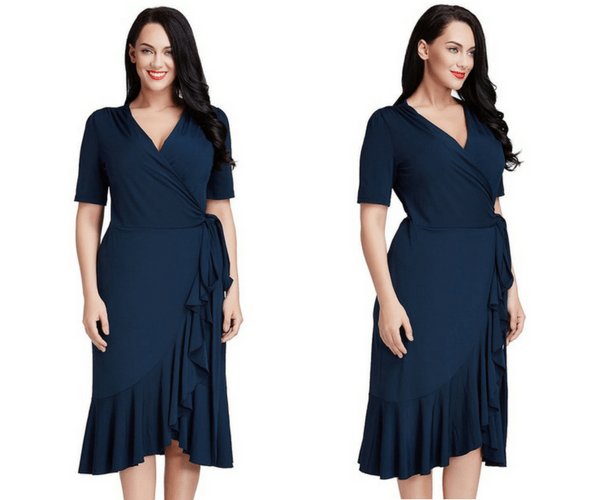 Plus Size Navy Blue Asymmetrical Ruffled Wrap Dress | Lookbook Store