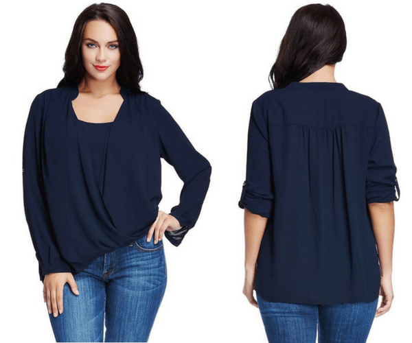 Plus Size Navy Blue Mandarin Collar Surplice Shirt | Lookbook Store