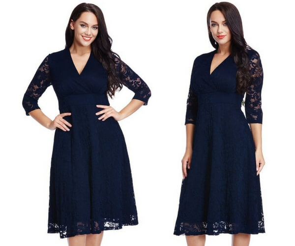 Plus Size Navy Lace Surplice Midi Dress