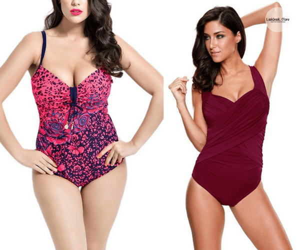 Plus Size Pink Printed Swimsuit and Bordeaux Crossover Ruched Swimsuit | Lookbook Store