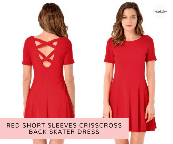 Red Short Sleeves Crisscross Back Skater Dress - Lookbook Store