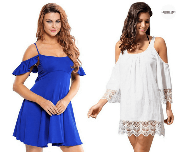 Royal Blue Crisscross-Back Cold-Shoulder Skater Dress and White Crochet Trim Cold-Shoulder Beach Cover-Up | Lookbook Store