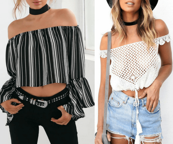 Striped Bell Sleeves Off-Shoulder Crop Top and White Crochet Cutout Off-Shoulder Crop Top | Lookbook Store