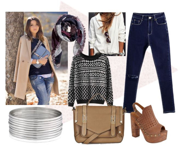outfit set with white tee, blue jeans and knitted sweater